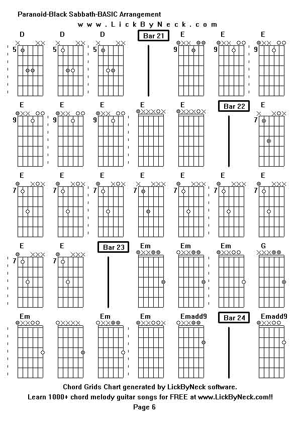 Chord Grids Chart of chord melody fingerstyle guitar song-Paranoid-Black Sabbath-BASIC Arrangement,generated by LickByNeck software.